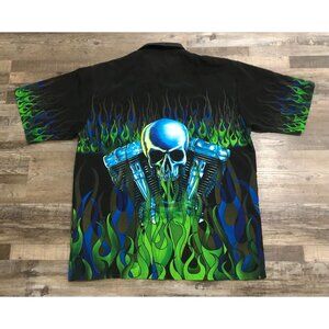 Vtg Y2K Dragonfly Flaming Skull Button Up Short Sleeve Shirt Mens XL Black Green